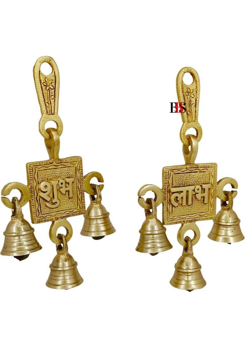 B.B.S BRASS BRAND STATUES Shubh Labh Wall Hanging Bell Set of 2, Brass Subh Labh Wall Decor Pack of 2 Decorative Showpiece - 16.5 cm&nbsp;&nbsp;(Brass, Gold) - Indya