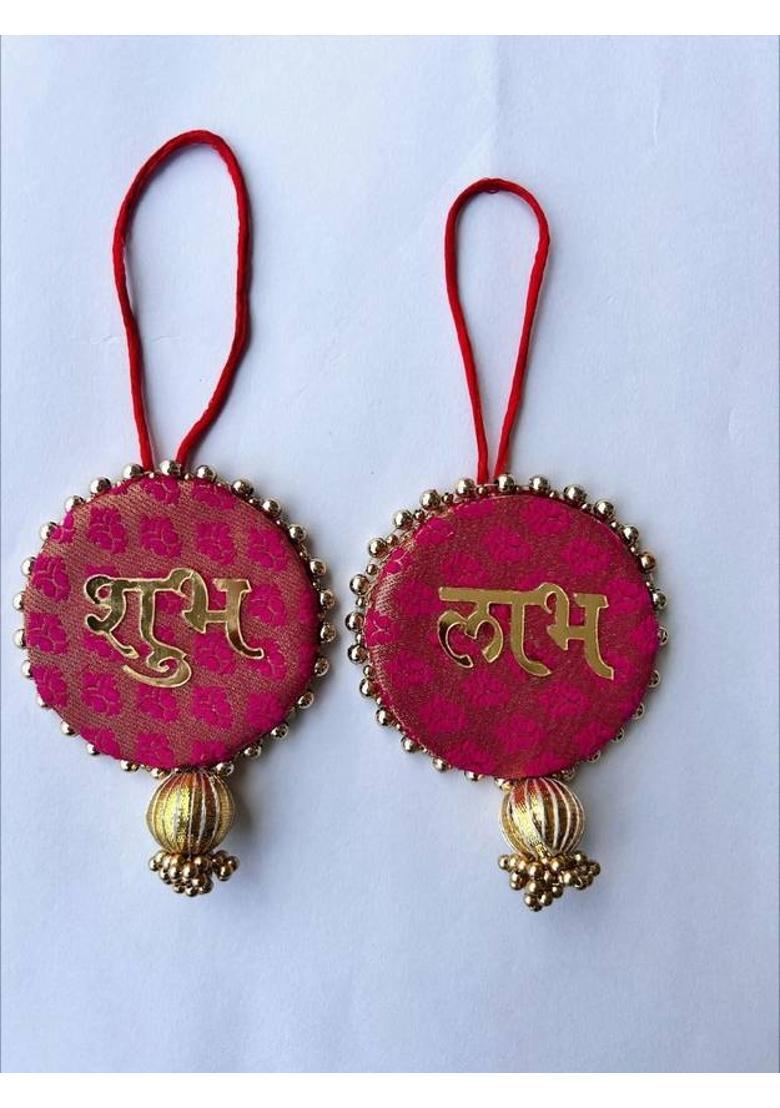 BAAKAY GLOBAL Round Shubh Labh Wall Hanging I Round Wood Door Entrance hangings Toran - 5 Inch Decorative Showpiece - 10.16 cm&nbsp;&nbsp;(Wood, Pink) - Indya