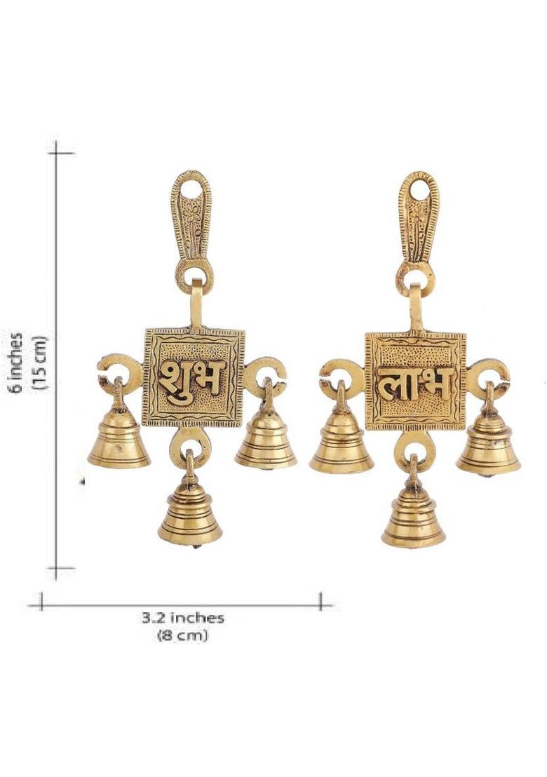 Vrinda Articles Vrinda Articles Brass Shubh Labh Hanging Bells Set for Wall Decor Pooja Diwali. Decorative Showpiece - 15 cm&nbsp;&nbsp;(Brass, Yellow) - Indya