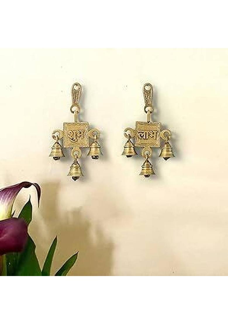 Vrinda Articles Vrinda Articles Brass Shubh Labh Hanging Bells Set for Wall Decor Pooja Diwali. Decorative Showpiece - 15 cm&nbsp;&nbsp;(Brass, Yellow) - Indya