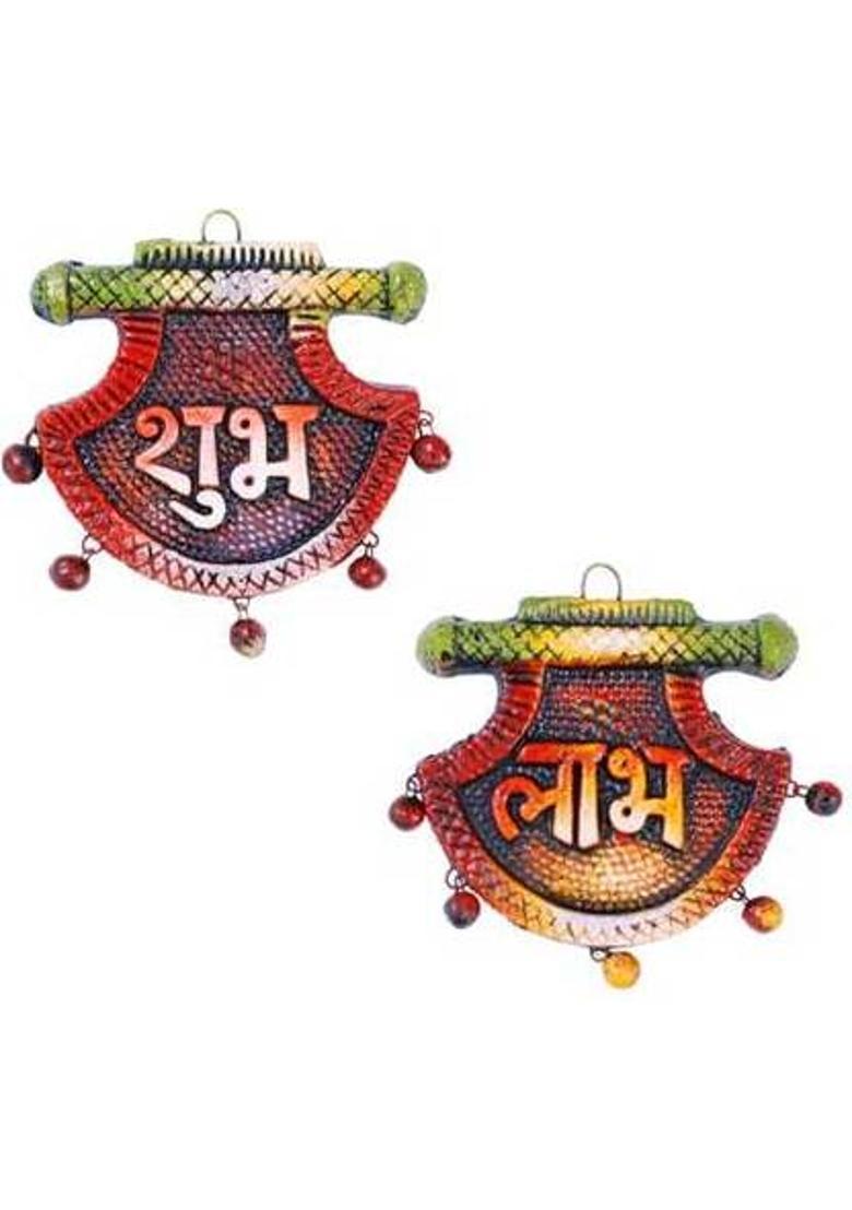 Pranavi Collection Shubh Labh Terracotta Handmade wall hanging (pack of 2 pcs) Decorative Showpiece - 14 cm&nbsp;&nbsp;(Terracotta, Multicolor) - Indya