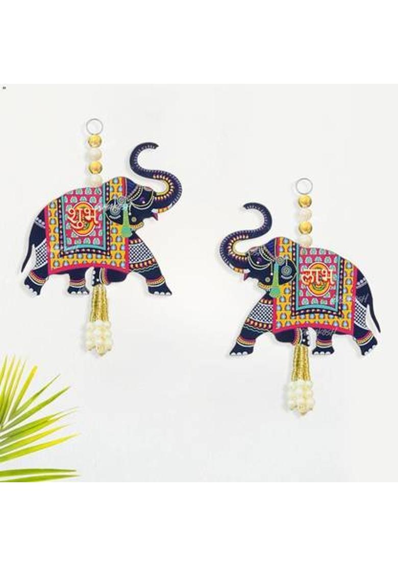 AS TRADERS Wooden Elephant Wall Hanging with Shubh Labh 13&nbsp;&nbsp;(3 inch, Blue) - Indya