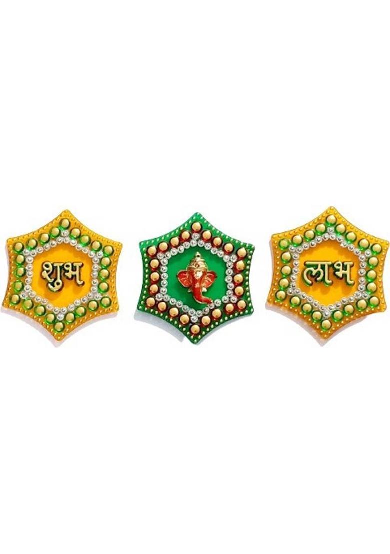 P A HEALTH AND FITNESS Fancy Decorative Shubh Labh Ganesha Hanging Door Stickers Decoration.[3Pack] Decorative Showpiece - 8 cm&nbsp;&nbsp;(Gold Plated, Multicolor) - Indya