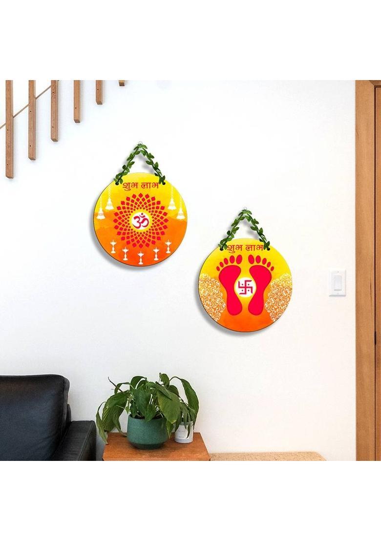Suveharts Wall Hanging Decorative Items | Room Decoration Material For Bedroom- Shubh Labh Pack of 2&nbsp;&nbsp;(26 cm X 26 cm, Yellow) - Indya
