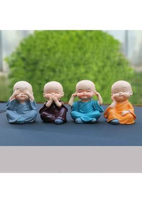 HI PLAST Miniature Buddha Monk Figurines for Car Dashboard, Office Tables, Home-Set of 4 Decorative Showpiece - 12 cm&nbsp;&nbsp;(Resin, Multicolor)