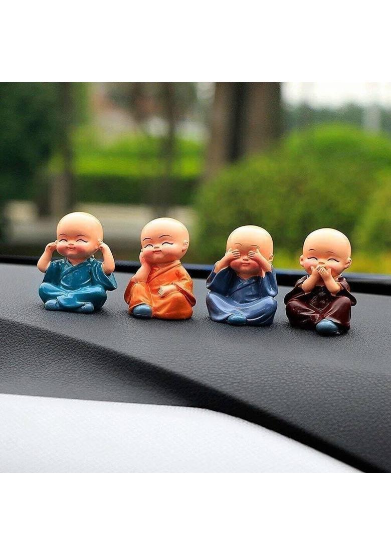 HI PLAST Miniature Buddha Monk Figurines for Car Dashboard, Office Tables, Home-Set of 4 Decorative Showpiece - 12 cm&nbsp;&nbsp;(Resin, Multicolor) - Indya