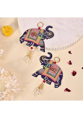 MINDFULLGIFTING Wooden Elephant Wall Hanging with Shubh Labh 58&nbsp;&nbsp;(3 inch, Blue)