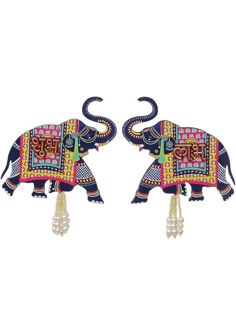 MINDFULLGIFTING Wooden Elephant Wall Hanging with Shubh Labh 58&nbsp;&nbsp;(3 inch, Blue) - Indya