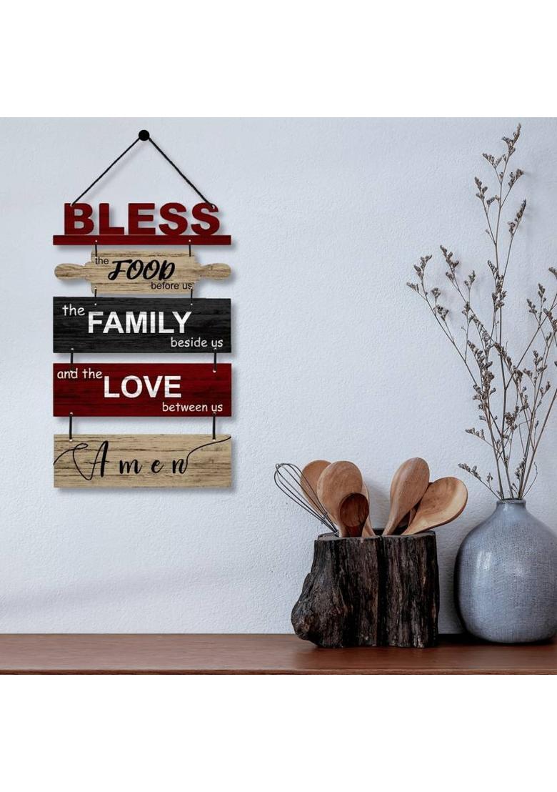 Home Delight Bless the Food Before us Signs Wooden Wall Hanging Home Decoration | Gift Items&nbsp;&nbsp;(26 inch X 12 inch, Beige, Maroon) - Indya