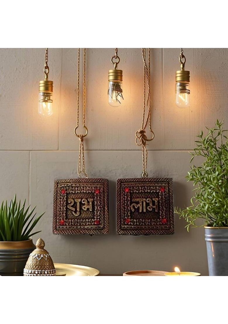 Kraftlik Handicrafts Terracotta Shubh Labh Hanging Board | Square Shape Clay Shubh Labh Wall Pack of 2&nbsp;&nbsp;(15 inch X 15 inch, COPPER) - Indya