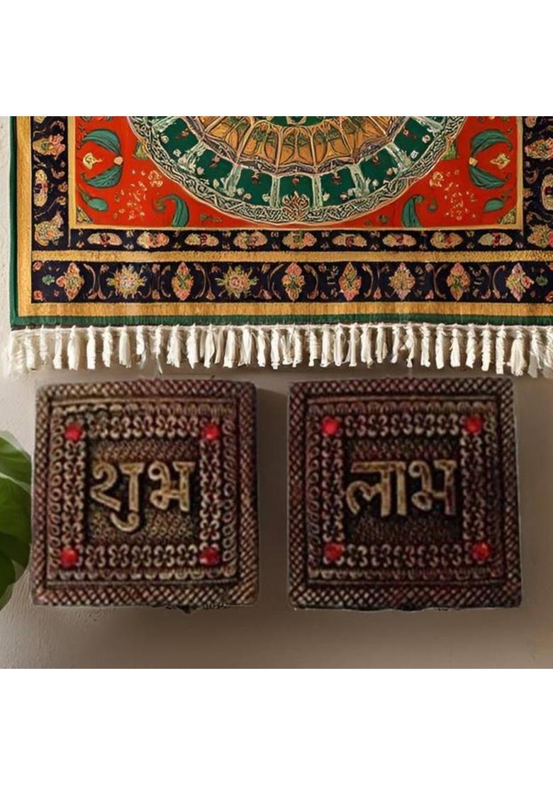 Kraftlik Handicrafts Terracotta Shubh Labh Hanging Board | Square Shape Clay Shubh Labh Wall Pack of 2&nbsp;&nbsp;(15 inch X 15 inch, COPPER) - Indya