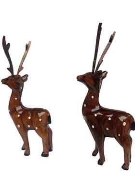 MAMPI ENTERPRISE Wooden Deer Showpiece Set 2 Handcrafted Spotted Reindeer Figurines Decorative Showpiece - 19 cm&nbsp;&nbsp;(Wood, Brown)