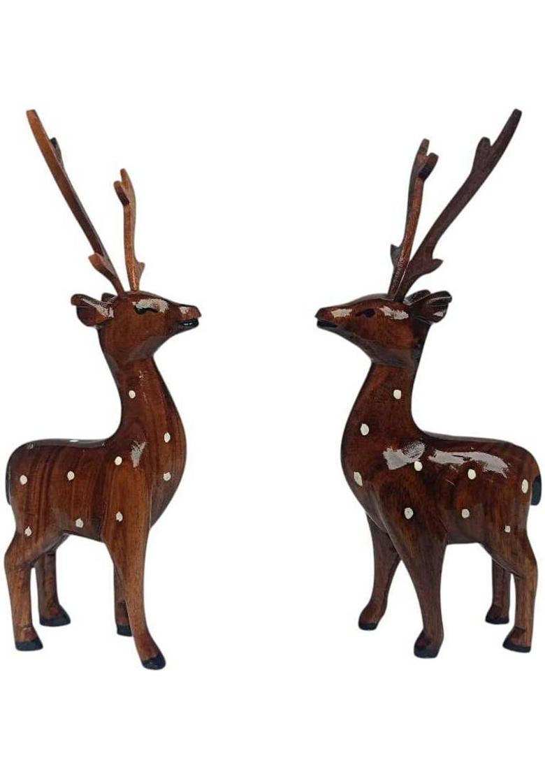 MAMPI ENTERPRISE Wooden Deer Showpiece Set 2 Handcrafted Spotted Reindeer Figurines Decorative Showpiece - 19 cm&nbsp;&nbsp;(Wood, Brown) - Indya