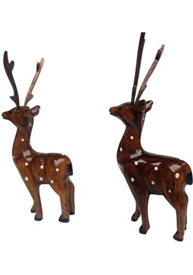 MAMPI ENTERPRISE Wooden Deer Showpiece Set 2 Handcrafted Spotted Reindeer Figurines Decorative Showpiece - 19 cm&nbsp;&nbsp;(Wood, Brown) - Indya