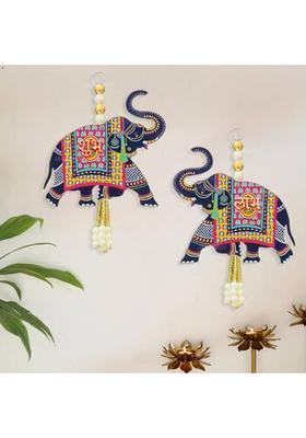 MINDFULLGIFTING Wooden Elephant Wall Hanging with Shubh Labh 22&nbsp;&nbsp;(3 inch, Blue)