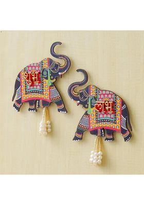 AS TRADERS Wooden Elephant Wall Hanging with Shubh Labh 62&nbsp;&nbsp;(3 inch, Blue)