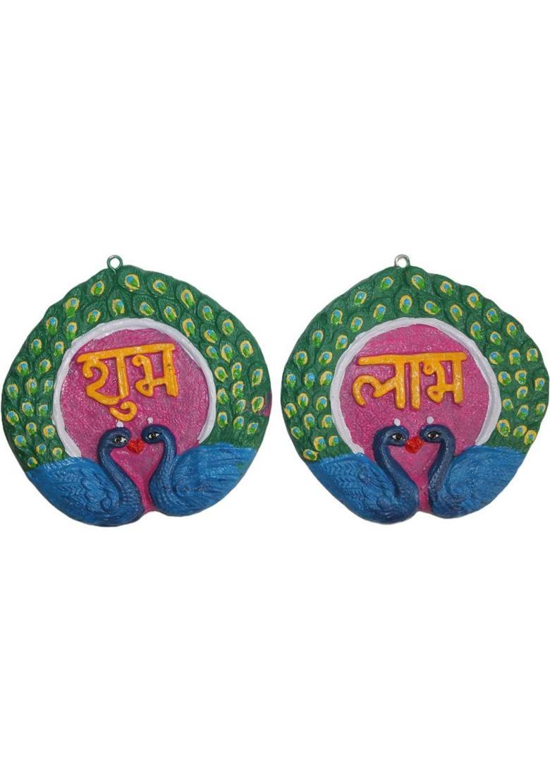 GIR GAU VIDYA Eco-Friendly Cow Dung Shubh Labh Mor Hanging Decor Decorative Showpiece - 14 cm&nbsp;&nbsp;(Clay, Multicolor) - Indya