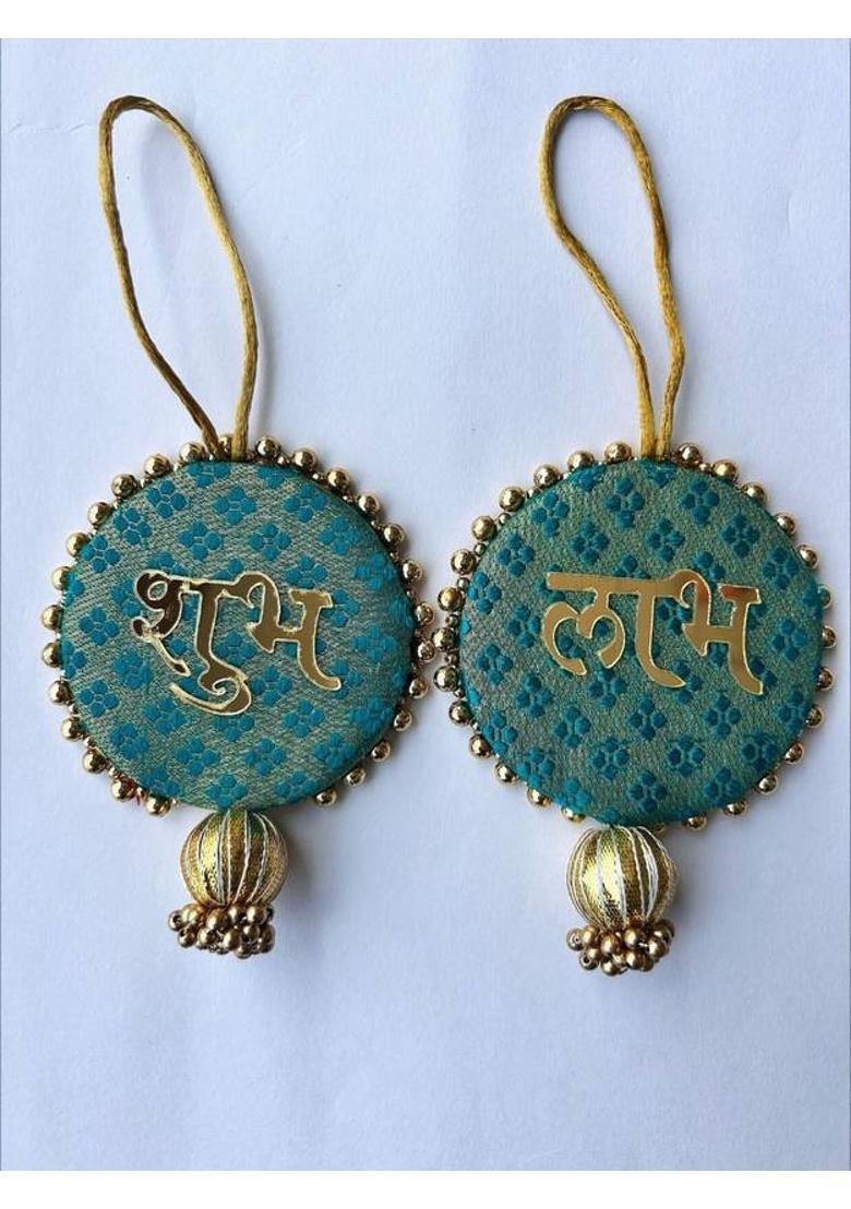 BAAKAY GLOBAL Round Shubh Labh Wall Hanging I Round Wood Door Entrance hangings Toran - 5 Inch Decorative Showpiece - 10.16 cm&nbsp;&nbsp;(Wood, Light Blue) - Indya