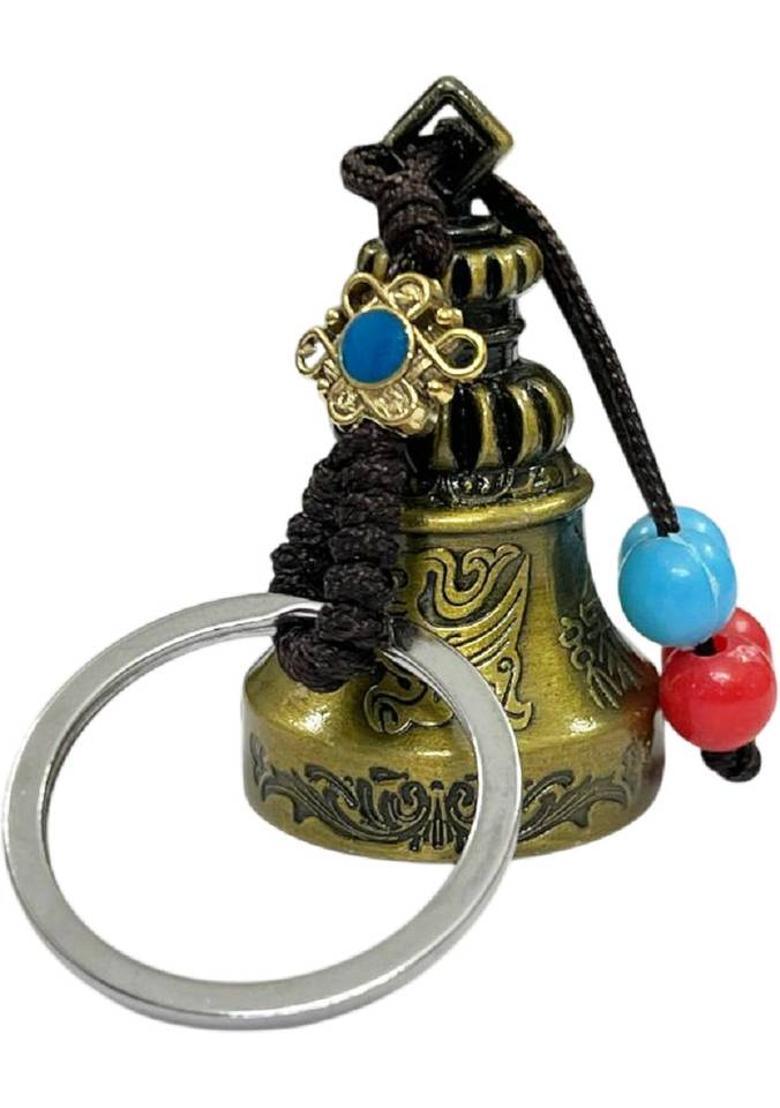 numeroastro Tibetan Bell Key Chain | Lucky Bell Oxidized Golden Colour With Coloured Beads Decorative Showpiece - 5 cm&nbsp;&nbsp;(Metal, Gold) - Indya