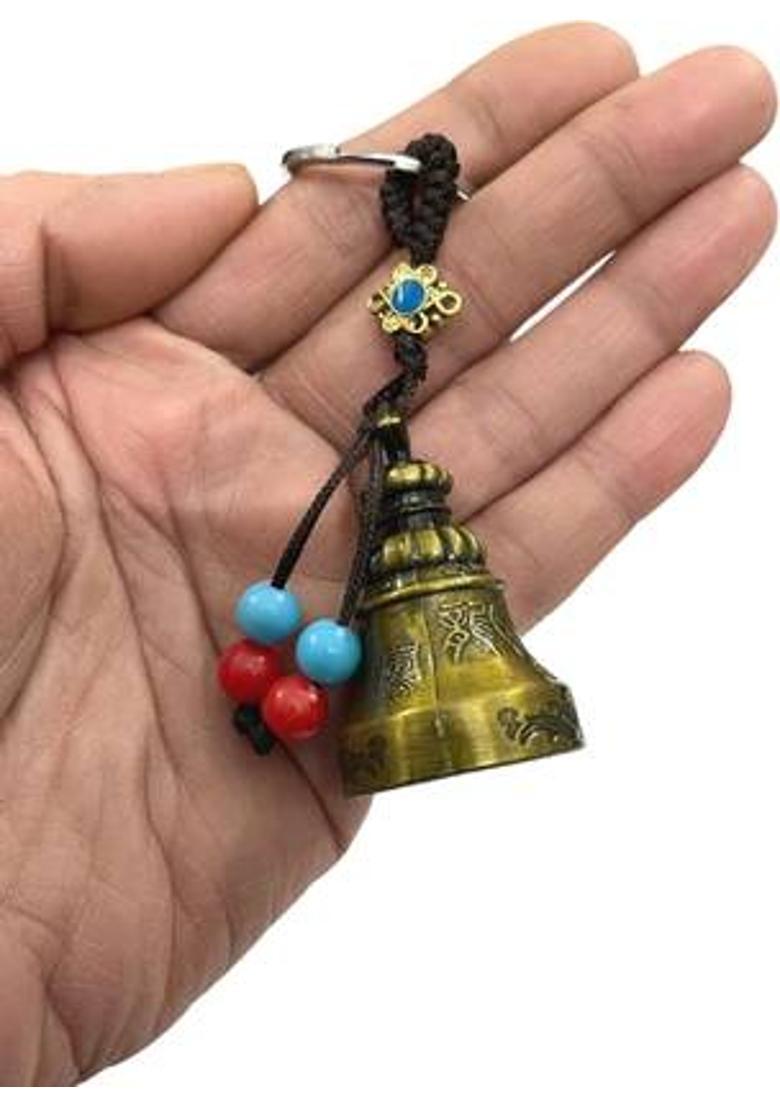 numeroastro Tibetan Bell Key Chain | Lucky Bell Oxidized Golden Colour With Coloured Beads Decorative Showpiece - 5 cm&nbsp;&nbsp;(Metal, Gold) - Indya