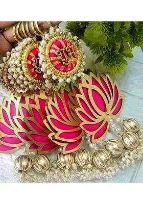 Sohibe Shubh Labh Lotus Festival Wall Hangings ( 1 Pair) Decorative Showpiece - 23 cm&nbsp;&nbsp;(Wood, Multicolor)