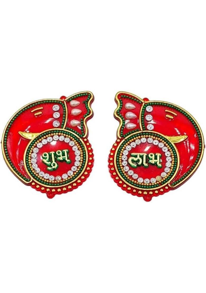 Tej Gifts Acrylic Shubh Labh Wall Sticker | Hand Crafted | Home Decor Traditional Sticker&nbsp;&nbsp;(11 cm X 11 cm, Red) - Indya