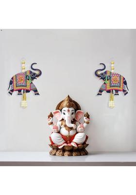 MINDFULLGIFTING Wooden Elephant Wall Hanging with Shubh Labh 97&nbsp;&nbsp;(3 inch, Blue)