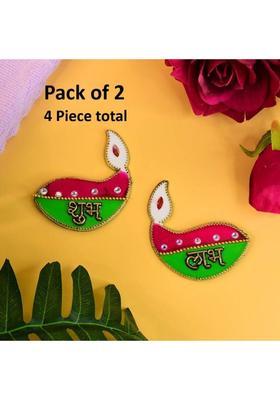 NK Enterprises Shubh Labh Diya Shaped Wall Hangings (2 Pc) Pack of 2&nbsp;&nbsp;(Green, Red)