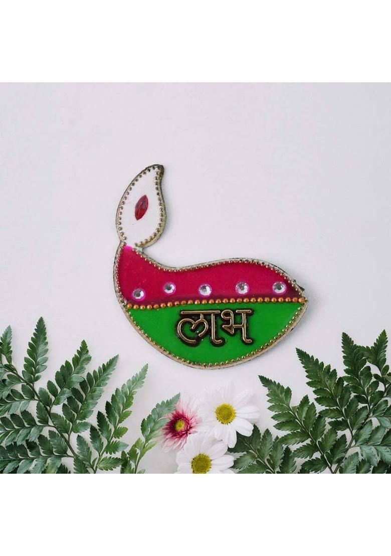 NK Enterprises Shubh Labh Diya Shaped Wall Hangings (2 Pc) Pack of 2&nbsp;&nbsp;(Green, Red) - Indya