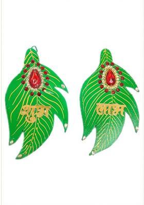 Gokulshoppe Shub Labh Wooden Handmade With Mor Pankh shape Wall/Door Decorative Showpiece-15 cm Decorative Showpiece - 18 cm&nbsp;&nbsp;(Plastic, Green)