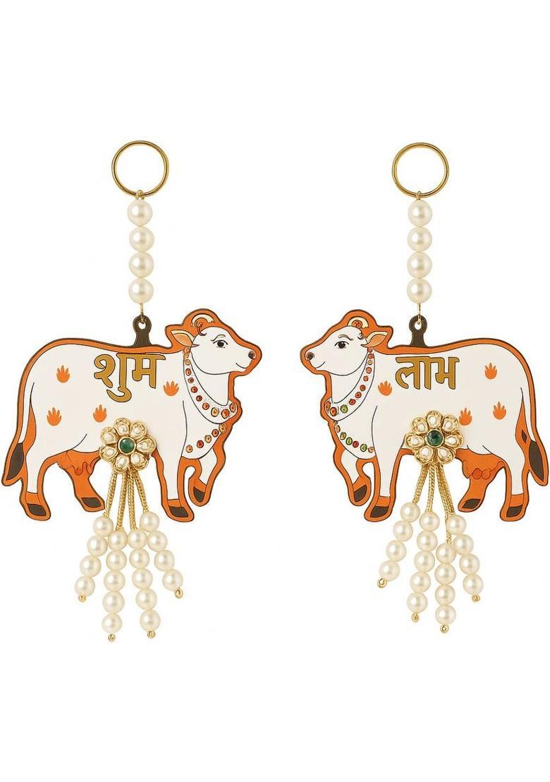 HASTTAKSHARA Shubh Labh Hanging Decorative Cow Set with Beads and Pearls Entrance Decorative Showpiece - 18 cm&nbsp;&nbsp;(Wood, White) - Indya