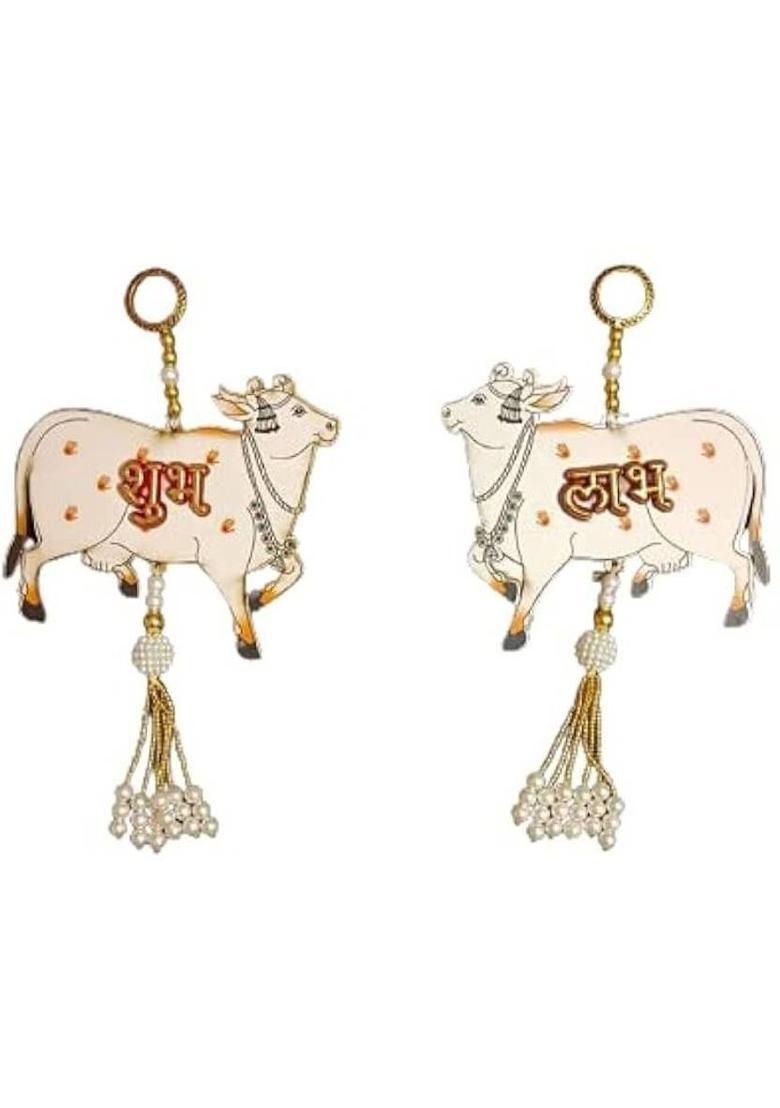 HASTTAKSHARA Shubh Labh Hanging Decorative Cow Set with Beads and Pearls Entrance Decorative Showpiece - 18 cm&nbsp;&nbsp;(Wood, White) - Indya