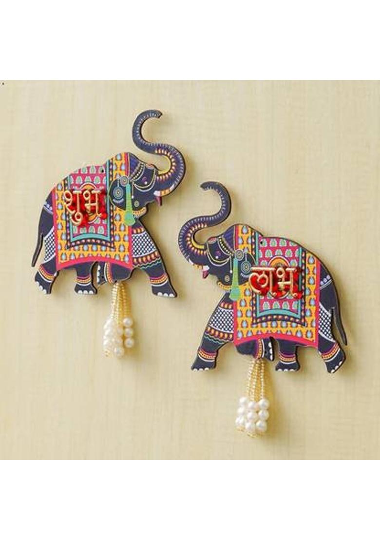 MINDFULLGIFTING Wooden Elephant Wall Hanging with Shubh Labh 66&nbsp;&nbsp;(3 inch, Blue) - Indya