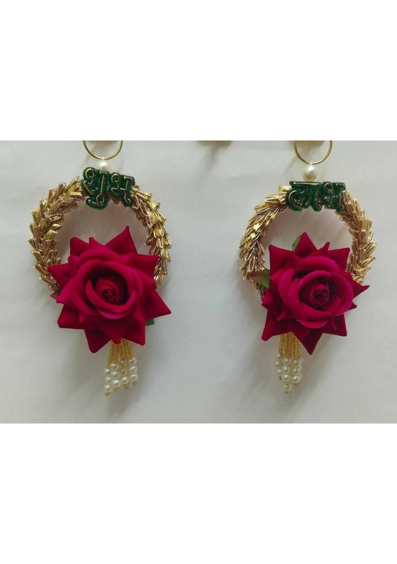Neha Shubh Labh for Door Entrance | 1 Pair | Beautiful Side Door Hangings | Rose | Decorative Showpiece - 2 cm&nbsp;&nbsp;(Gold Plated, Maroon) - Indya