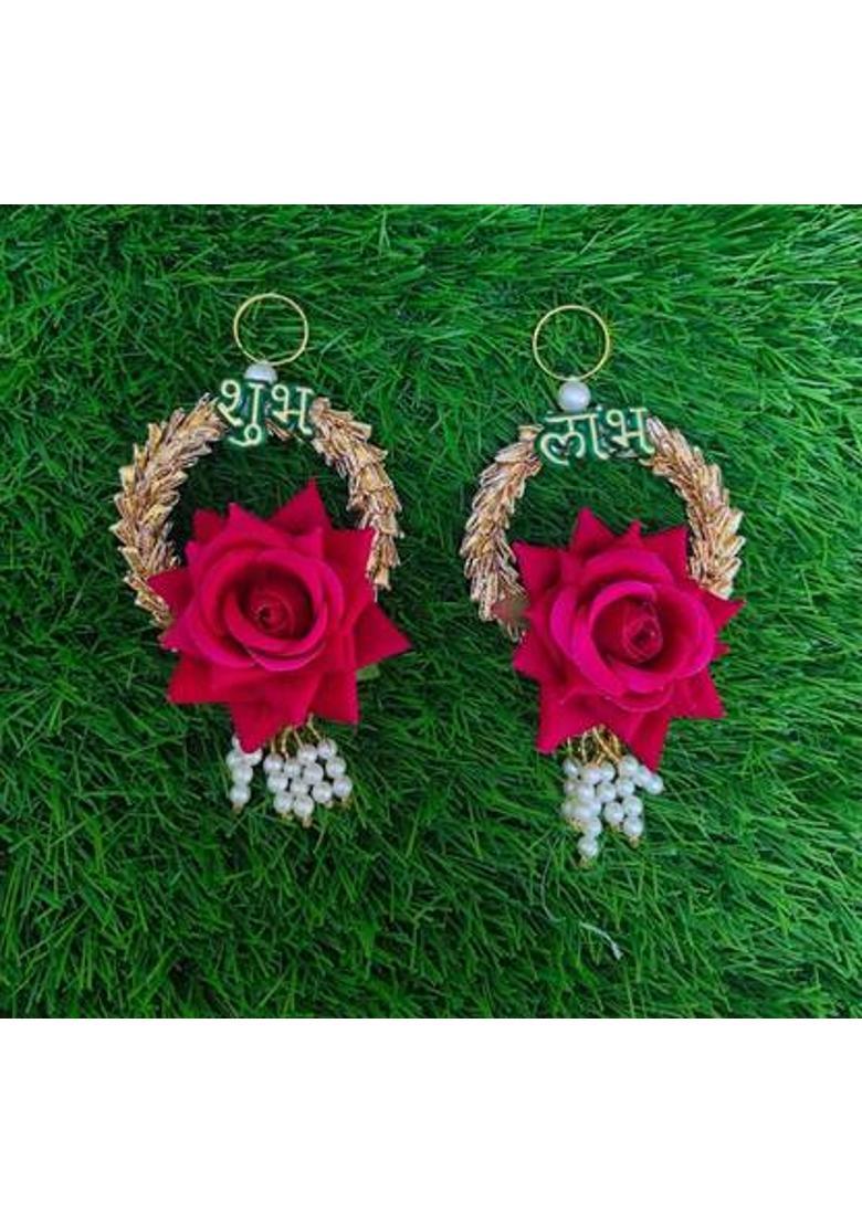 Neha Shubh Labh for Door Entrance | 1 Pair | Beautiful Side Door Hangings | Rose | Decorative Showpiece - 2 cm&nbsp;&nbsp;(Gold Plated, Maroon) - Indya