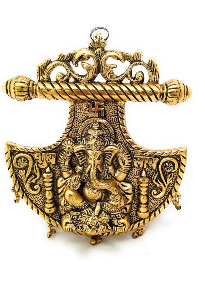 DreamKraft Metal Gold Plated Antique Shubh Labh Ganesh Wall Hanging Decorative Showpiece - 21 cm&nbsp;&nbsp;(Metal, Gold) - Indya