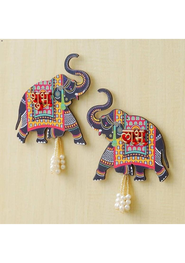 MINDFULLGIFTING Wooden Elephant Wall Hanging with Shubh Labh 77&nbsp;&nbsp;(3 inch, Blue) - Indya