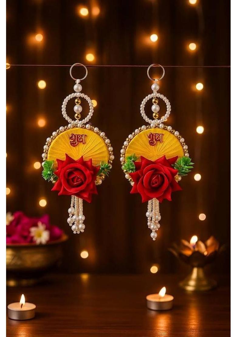 DecorHouse Premium Shubh Labh With Rose Wall Hanging for Diwali Decorations Pack of 2&nbsp;&nbsp;(Red and Yellow) - Indya