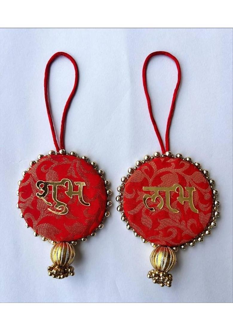 BAAKAY GLOBAL Round Shubh Labh Wall Hanging I Round Wood Door Entrance hangings Toran - 5 Inch Decorative Showpiece - 10.16 cm&nbsp;&nbsp;(Wood, Red) - Indya