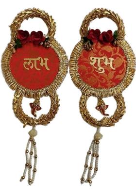 BAAKAY GLOBAL Shubh Labh Hanging Toran | Round Wood Fabric & Moti with Flower Ganesh – 12 Inch Decorative Showpiece - 30.48 cm&nbsp;&nbsp;(Wood, Fabric, Orange)