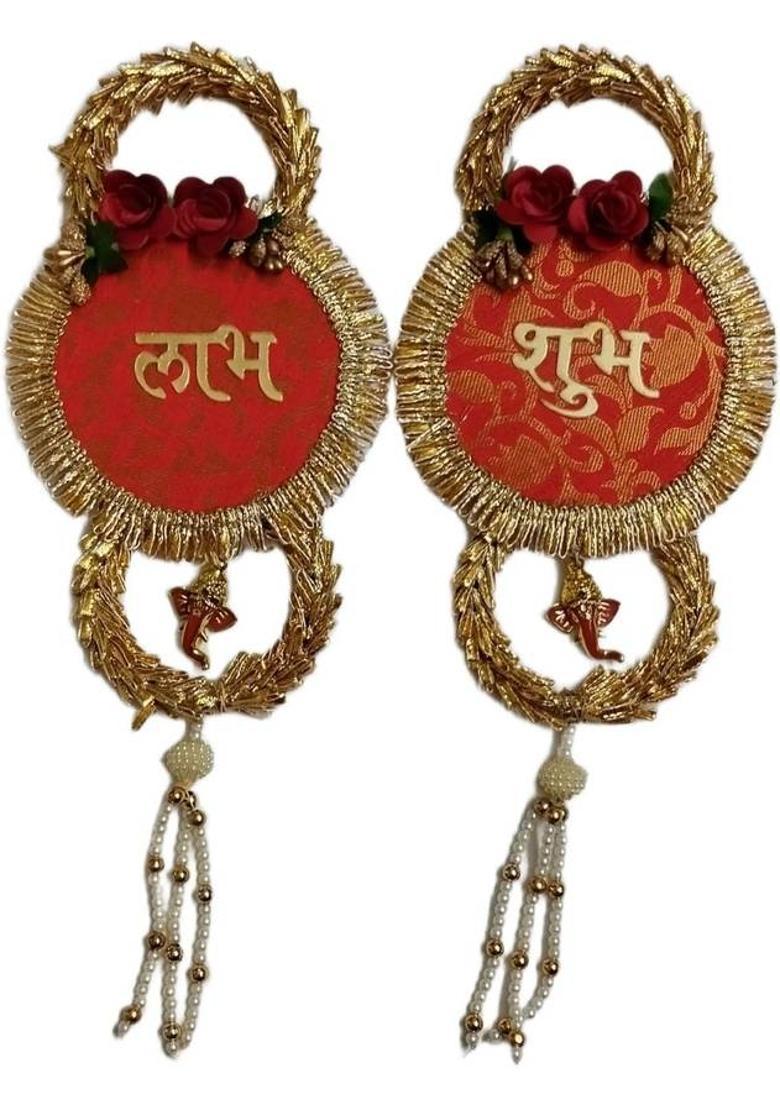 BAAKAY GLOBAL Shubh Labh Hanging Toran | Round Wood Fabric & Moti with Flower Ganesh – 12 Inch Decorative Showpiece - 30.48 cm&nbsp;&nbsp;(Wood, Fabric, Orange) - Indya