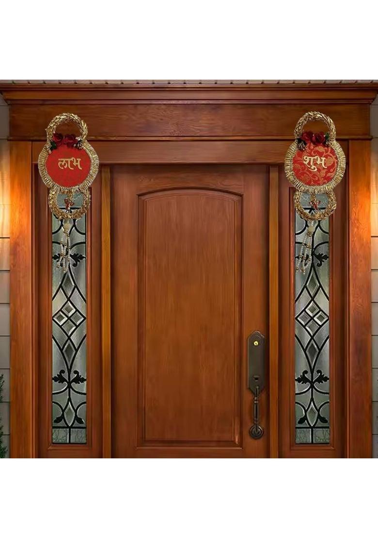 BAAKAY GLOBAL Shubh Labh Hanging Toran | Round Wood Fabric & Moti with Flower Ganesh – 12 Inch Decorative Showpiece - 30.48 cm&nbsp;&nbsp;(Wood, Fabric, Orange) - Indya