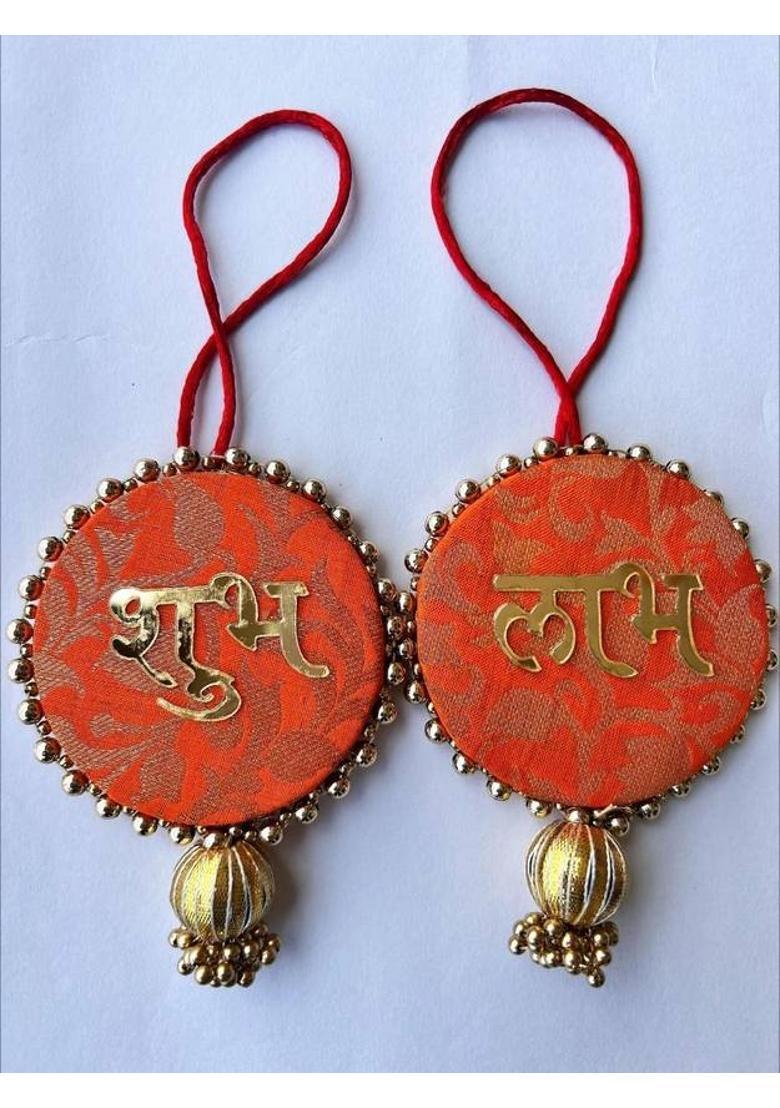 BAAKAY GLOBAL Round Shubh Labh Wall Hanging I Round Wood Door Entrance hangings Toran - 5 Inch Decorative Showpiece - 10.16 cm&nbsp;&nbsp;(Wood, Orange) - Indya