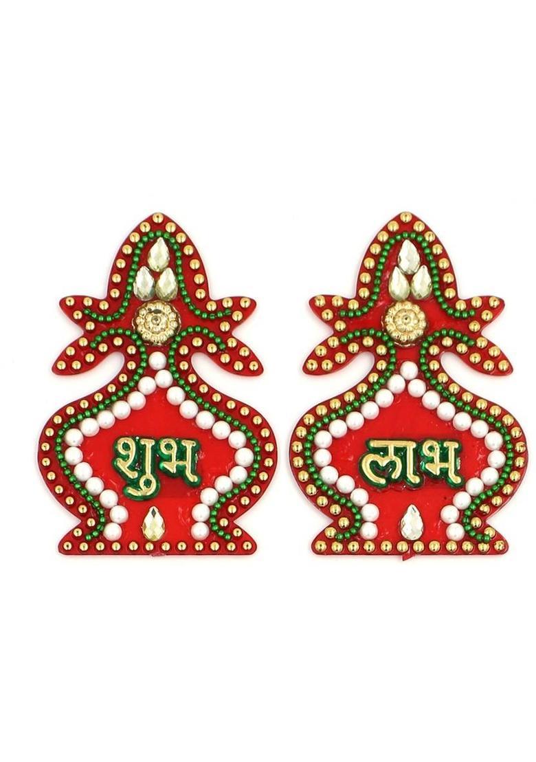 Macsen Acrylic Designer Shubh Labh Sticker, Swastika and Laxmi charan paduka for Door and Wall Decoration, Diwali Decor Set - 6 Piece (Set of 3) Decorative Showpiece - 7.5 cm&nbsp;&nbsp;(Plastic, Multicolor) - Indya