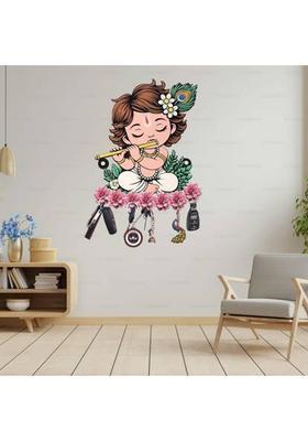 SNDArt Baby Krishna Wall Hanging Key Holder | Baby Krishna Flute Design Wood Key Holder&nbsp;&nbsp;(7 Hooks, Multicolor)