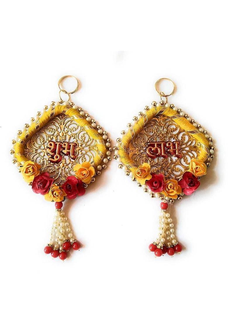 CTW Shubh Labh Door Hanging for Diwali Floral Wall Hangings for Home Decoration. Decorative Showpiece - 11 cm&nbsp;&nbsp;(Bronze, Yellow) - Indya