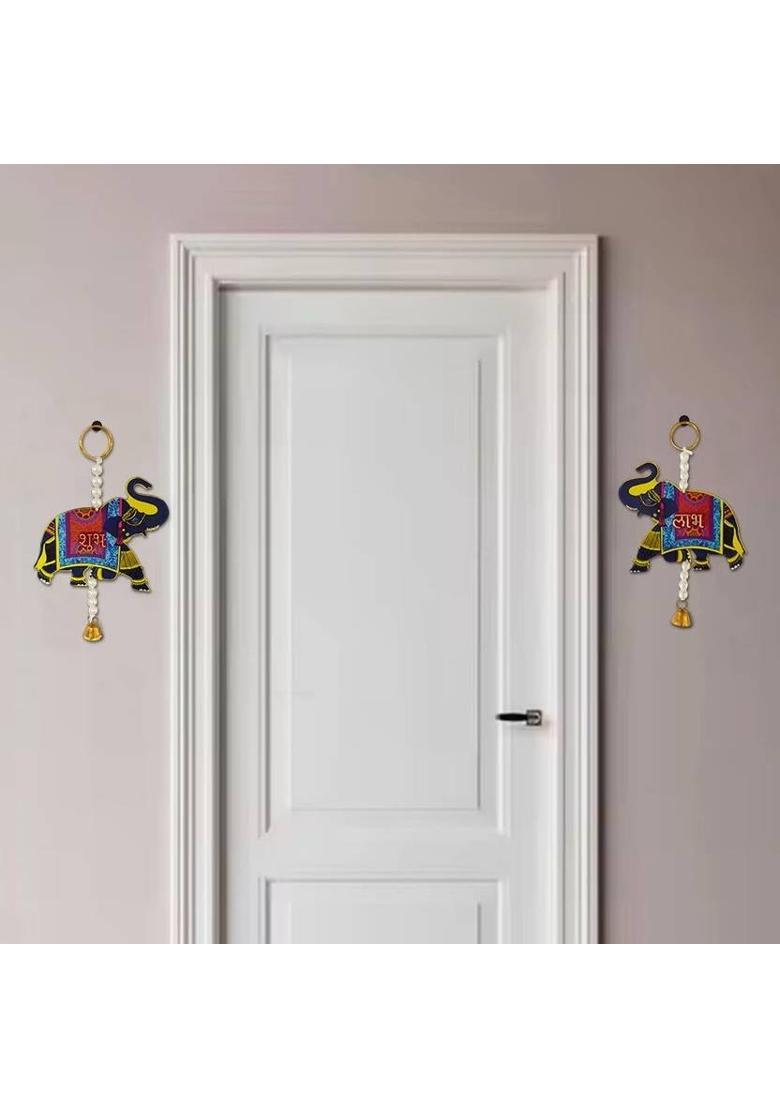 Ascension 1 Pair of Shubh Labh Elephant Wooden Door Side Haning Enterance Gate Showpiece Pack of 2&nbsp;&nbsp;(17 cm X 11 cm, Multicolor) - Indya