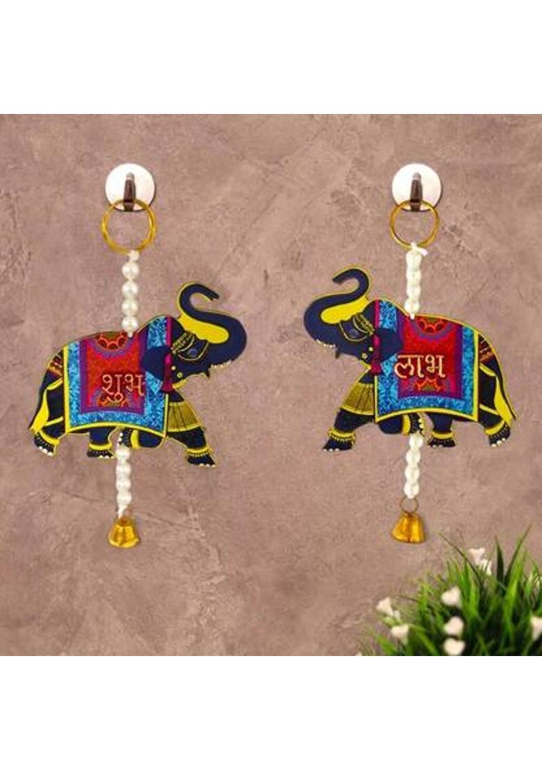 Ascension 1 Pair of Shubh Labh Elephant Wooden Door Side Haning Enterance Gate Showpiece Pack of 2&nbsp;&nbsp;(17 cm X 11 cm, Multicolor) - Indya