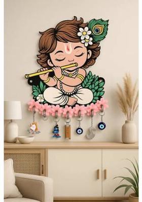 SNDArt Krishna Wall Hanging Key Holder | Baby Krishna Flute Design Wood Key Holder&nbsp;&nbsp;(7 Hooks, Multicolor)