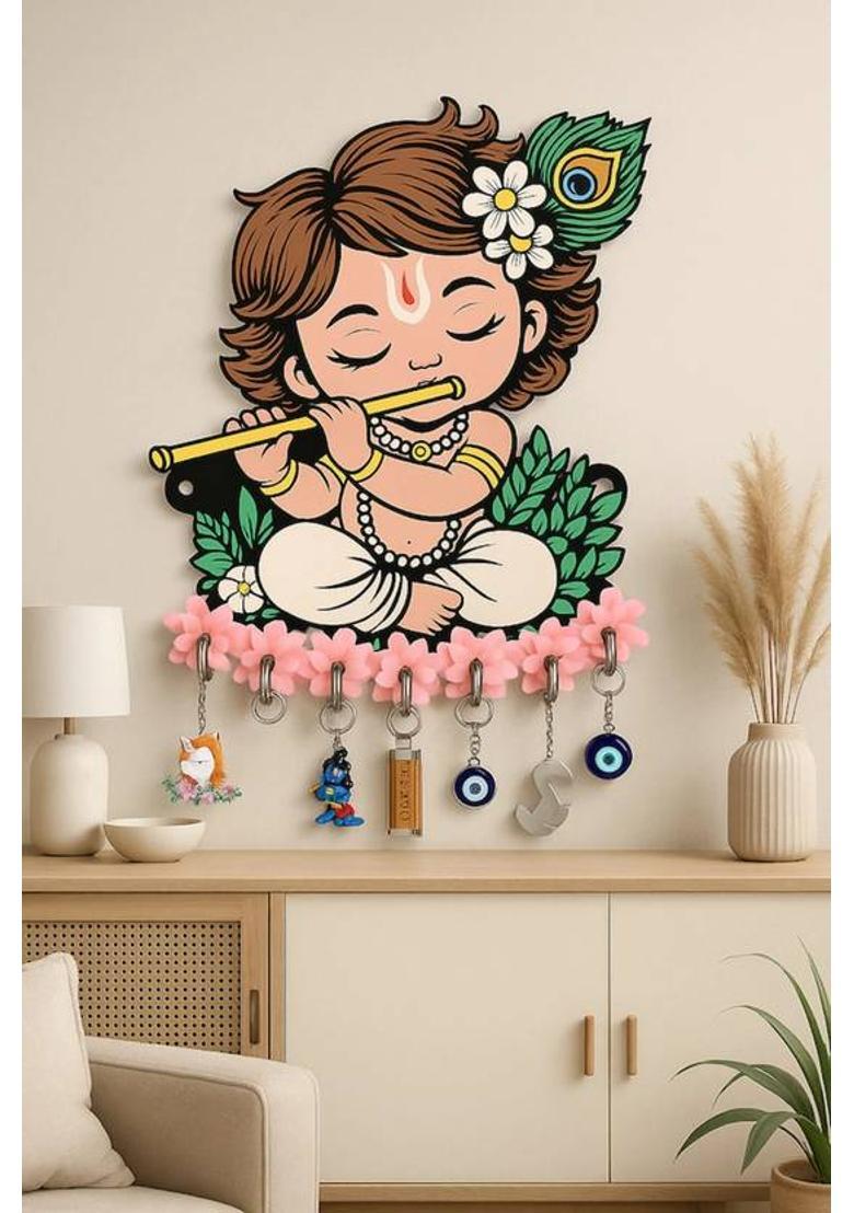 SNDArt Krishna Wall Hanging Key Holder | Baby Krishna Flute Design Wood Key Holder&nbsp;&nbsp;(7 Hooks, Multicolor) - Indya